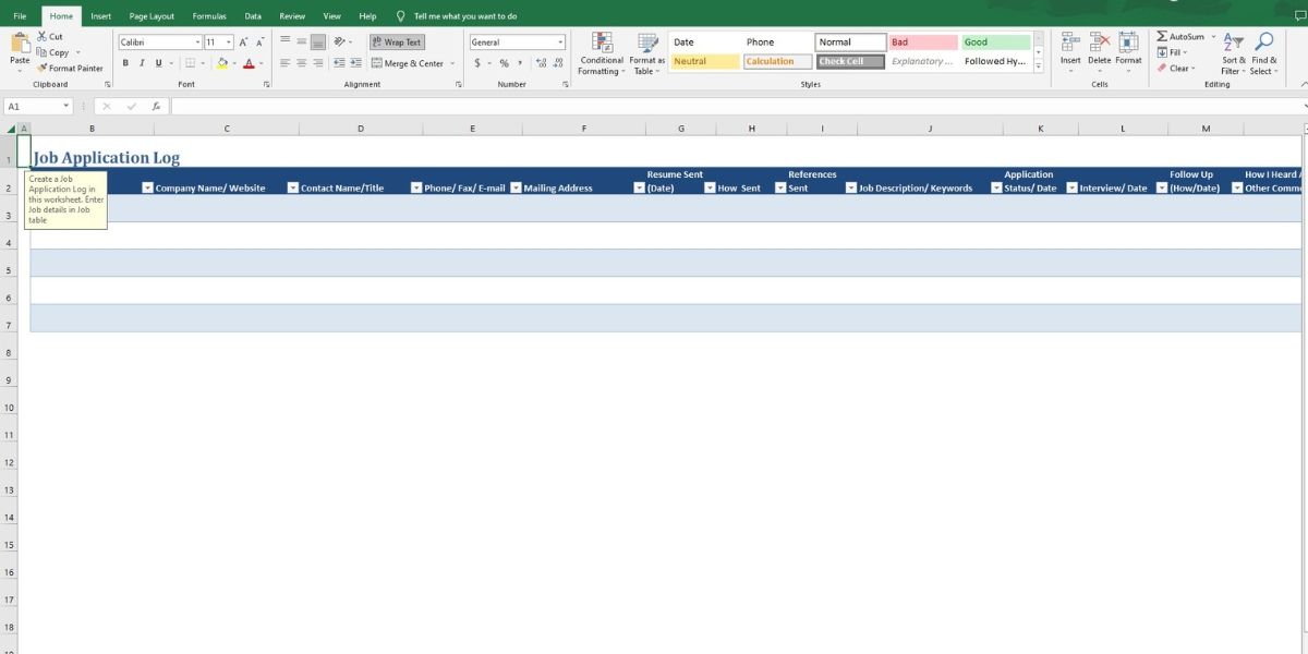 Microsoft Office Job Application Log screenshot