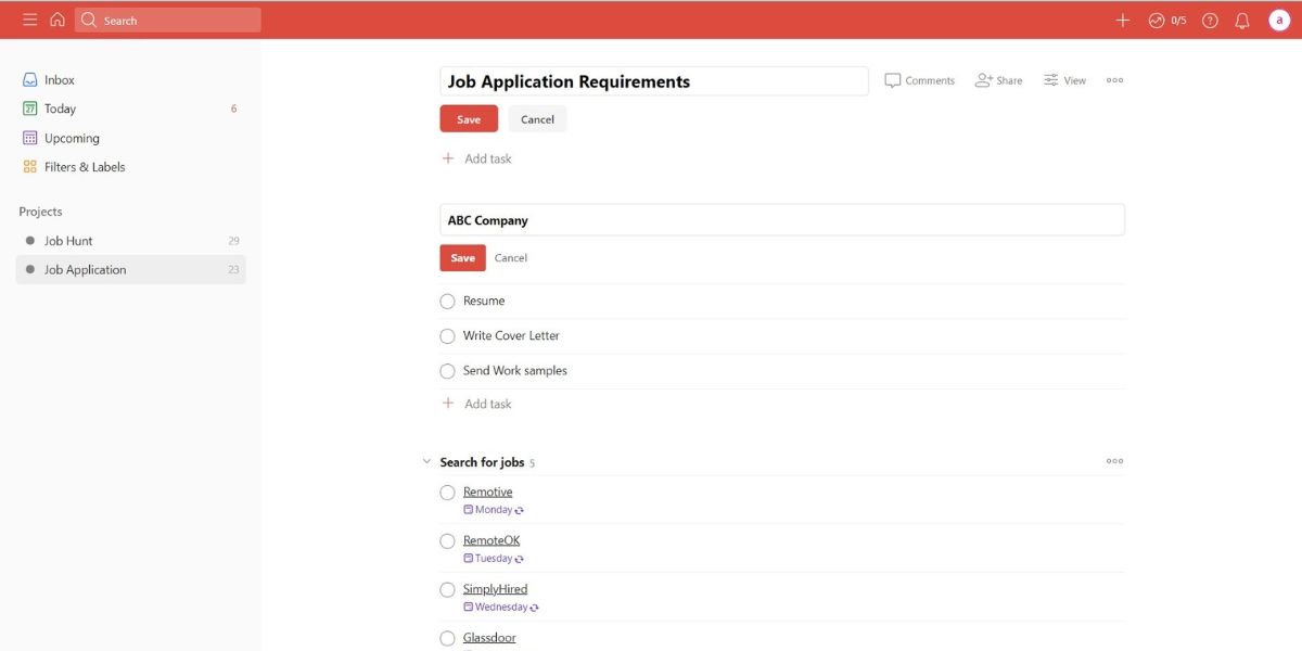 Todoist app showing list of Job Application Requirements