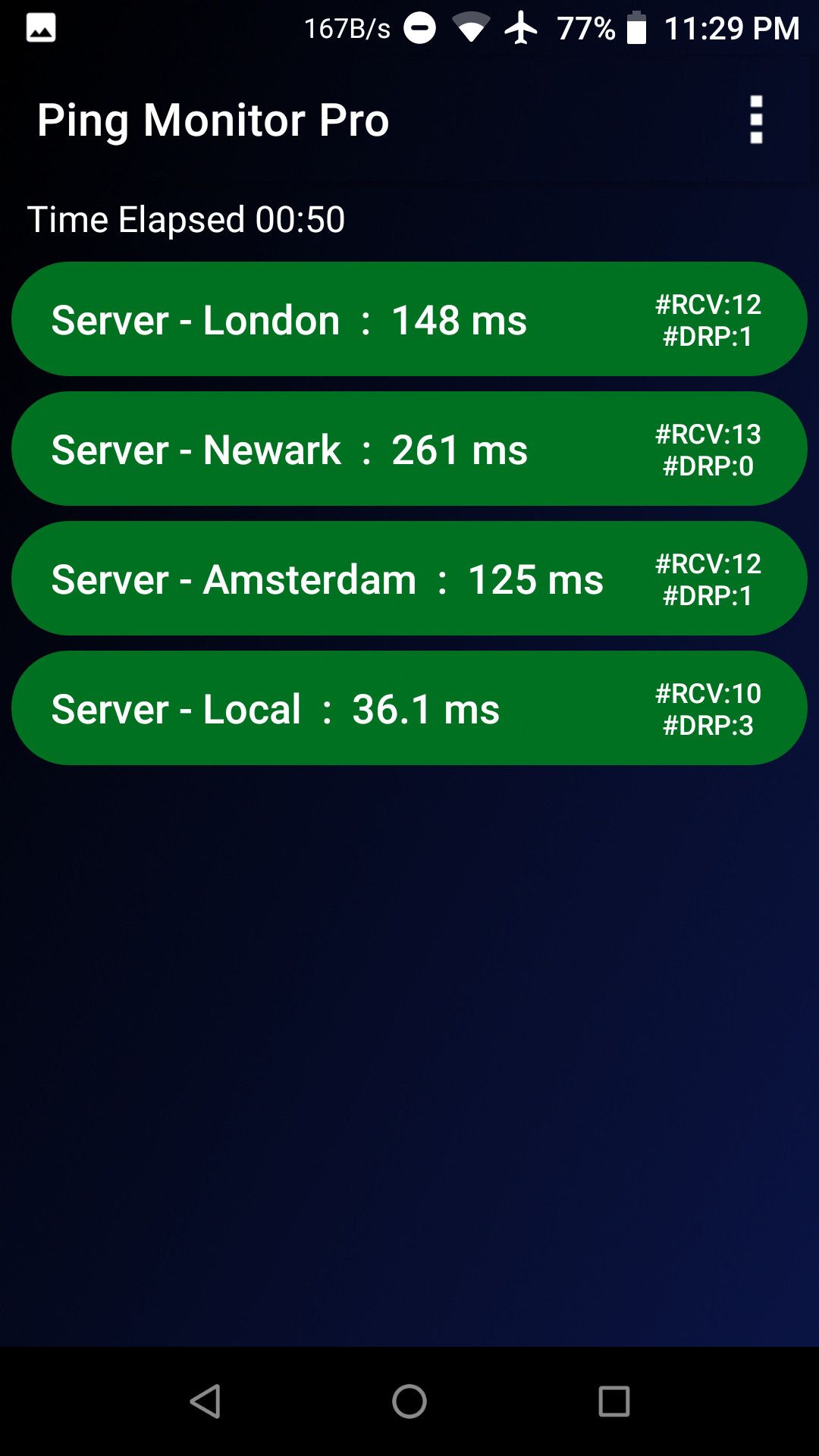 Ping monitor pro showing ping time of servers at various locations