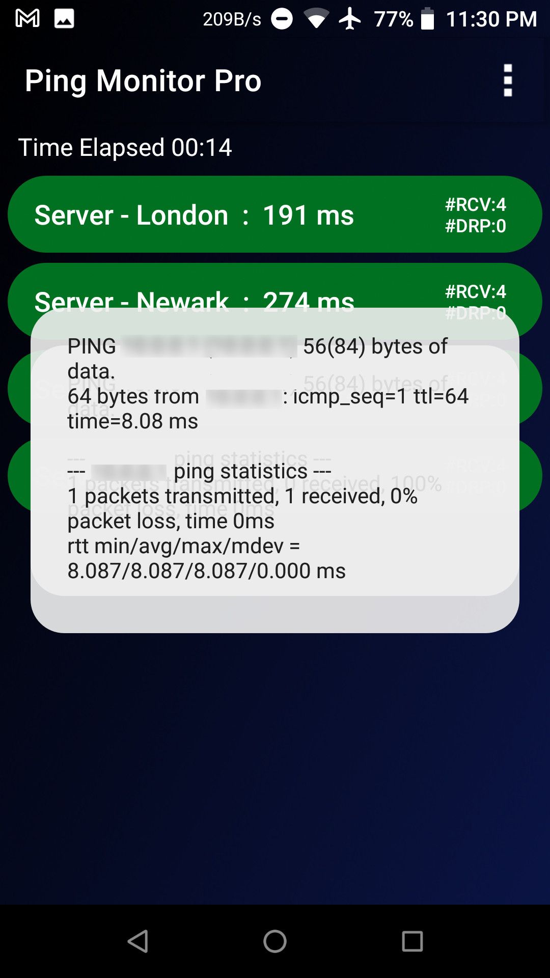 Ping monitor pro showing ping results of a single server