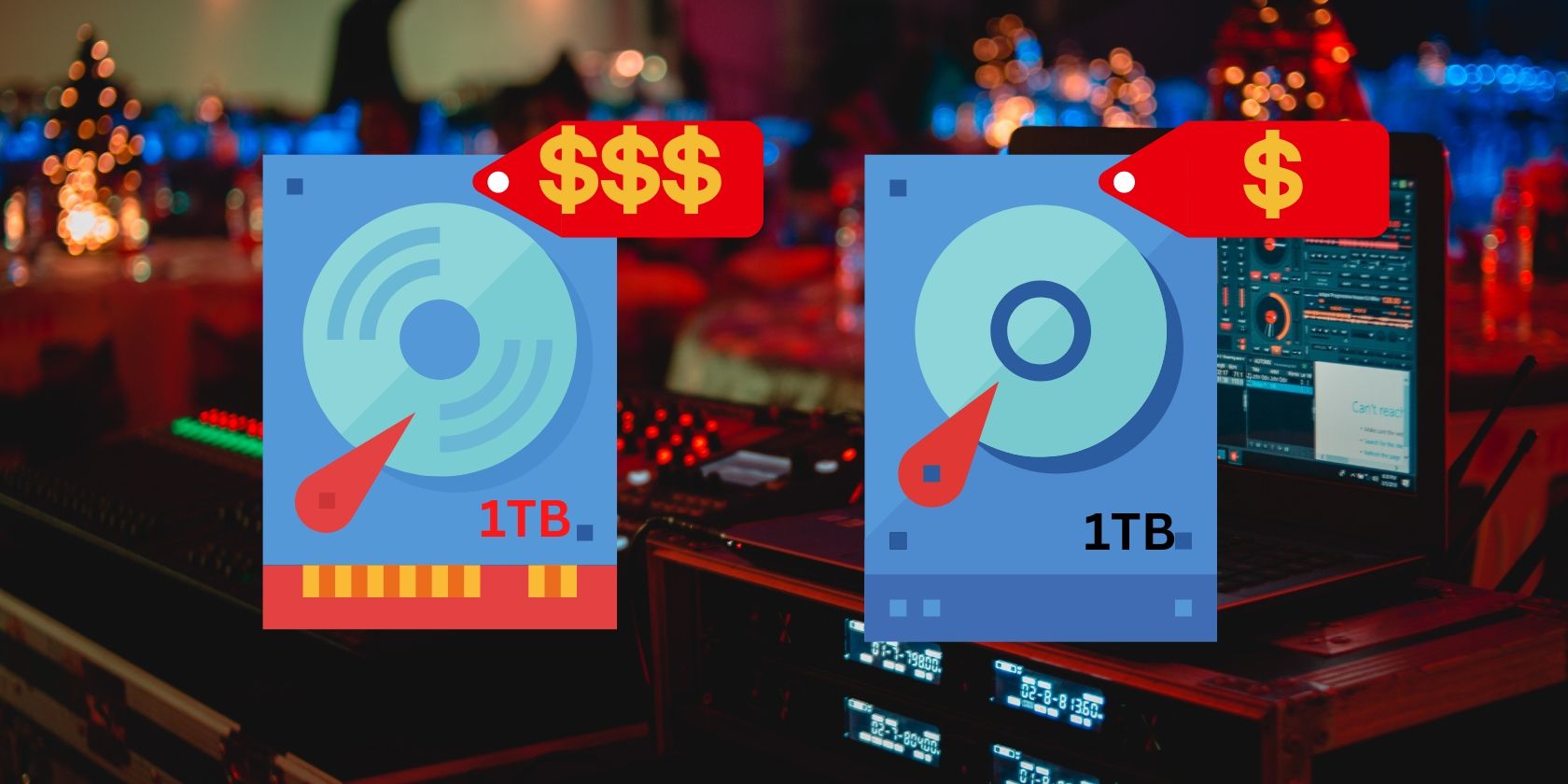 two 1tb drives as a vector image with a laptop background