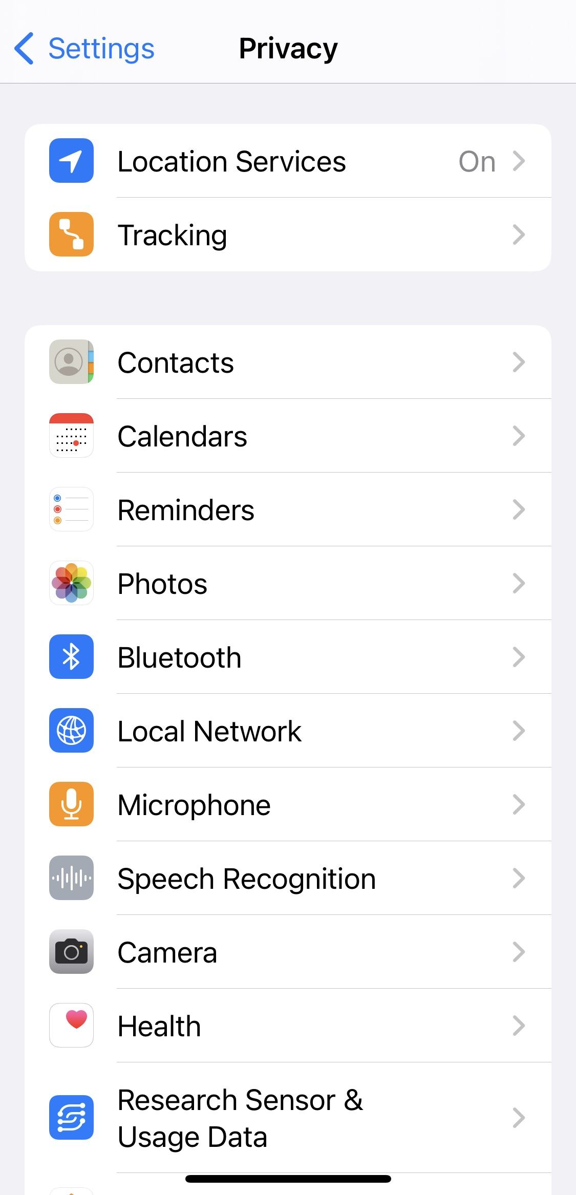 Cliquer sur l'option Contacts dans les paramètres de confidentialité pour iOS