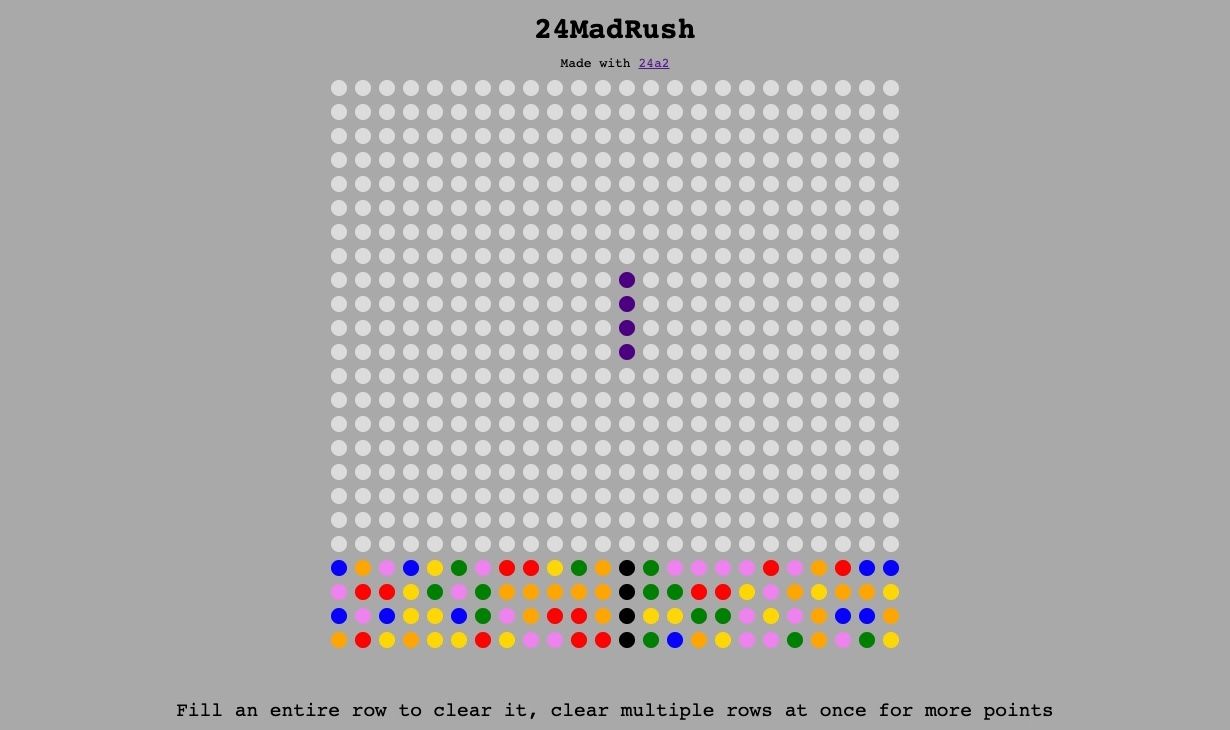 24MadRush, a falling-block game with a patch of mixed color dots on the lower 4 rows.