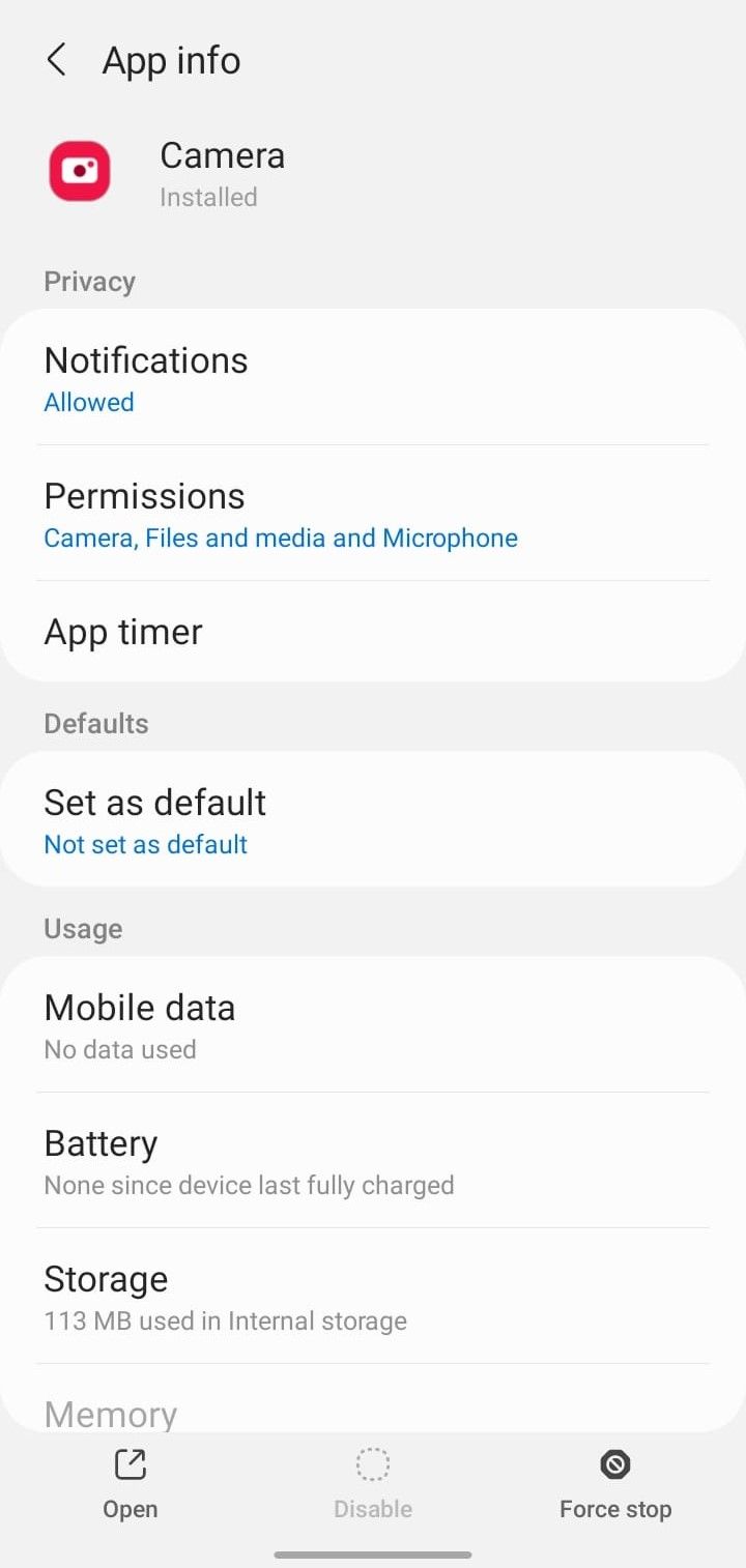 Tapping on Permissions to Change the Camera App Permissions