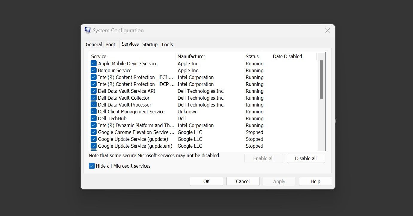 Checking the Box to Hide All Microsoft Services in the Services Tab of the System Configuration Application