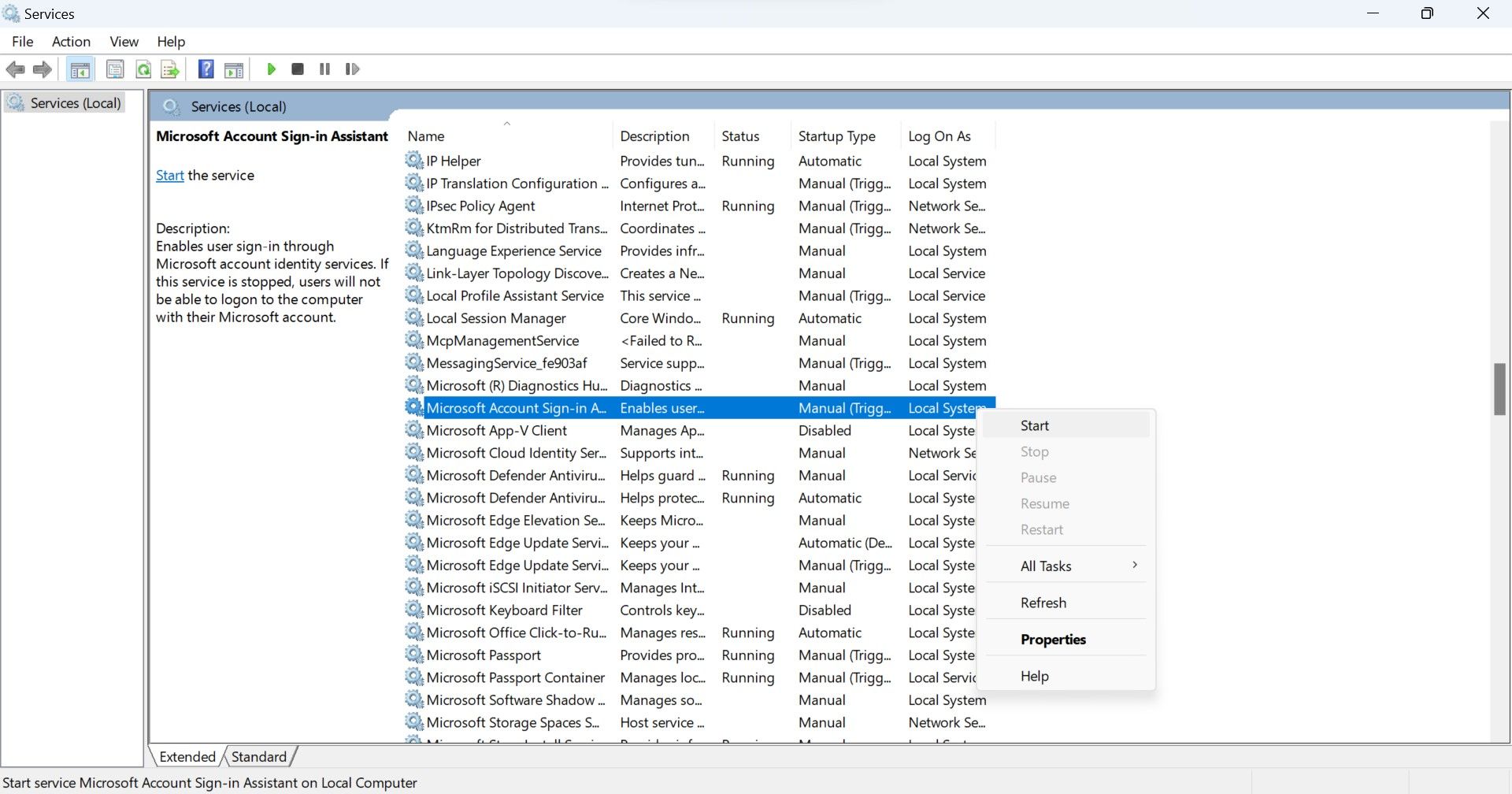 Нажатие кнопки «Пуск» для запуска службы помощника по входу в учетную запись Microsoft в приложении служб Windows