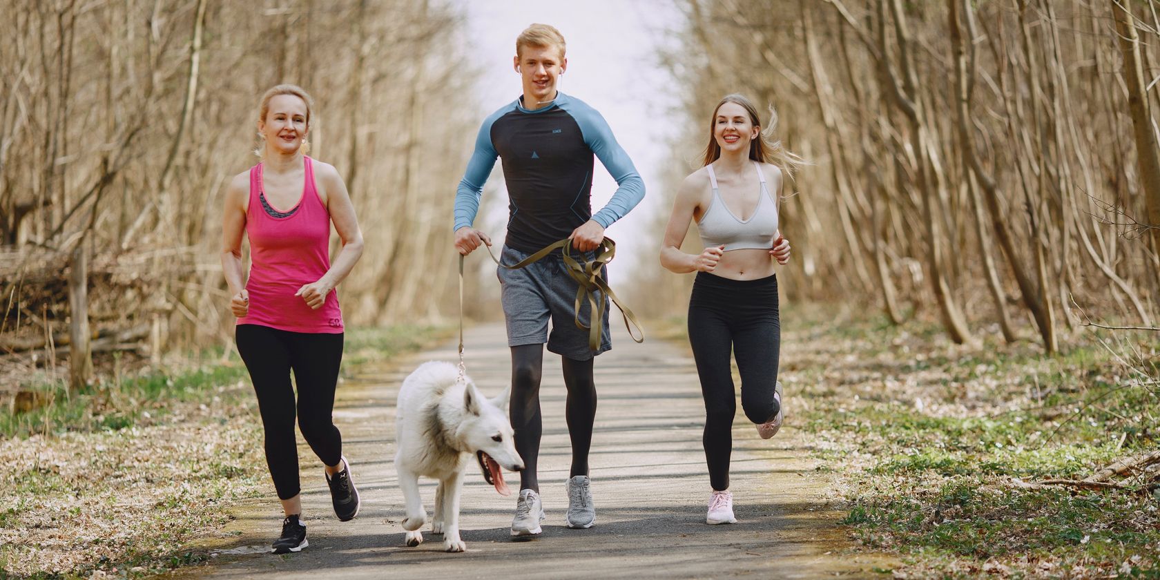 a man and two women jogging with a dog