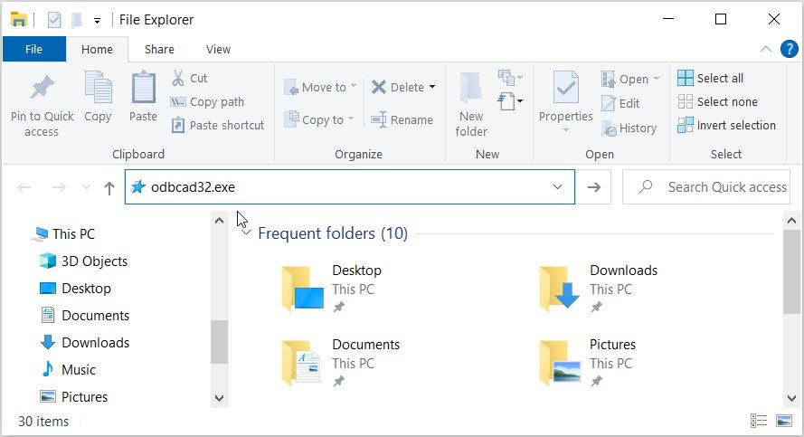 دسترسی به برنامه منابع داده ODBC با استفاده از نوار آدرس File Explorer