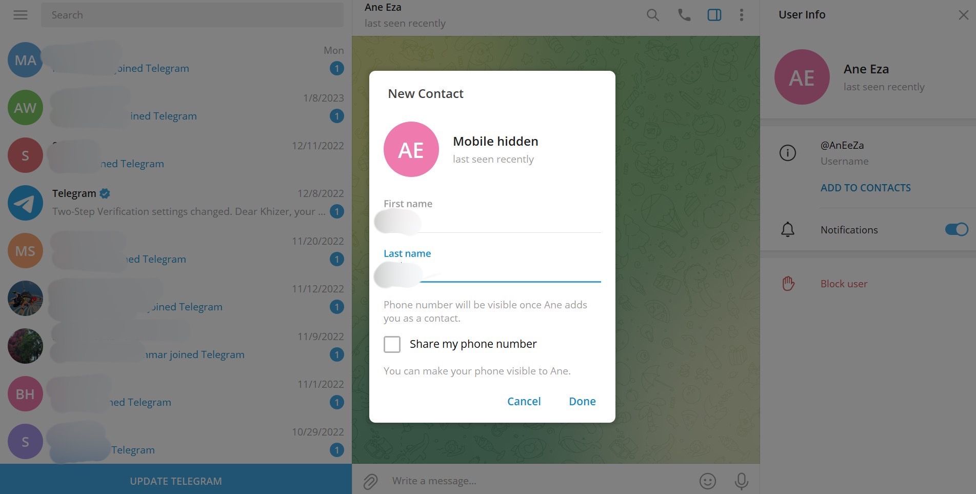 Add new Telegram contact via desktop