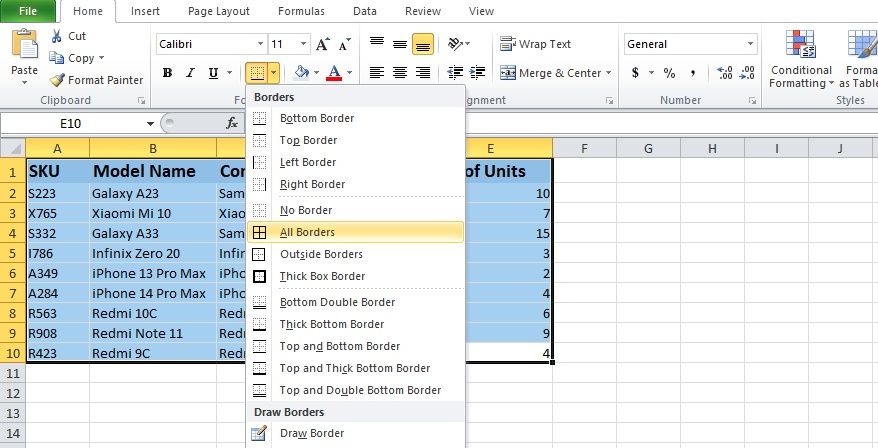 Excel border tab with the add borders option highlighted 