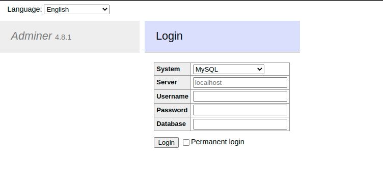 adminer login page displayed on a browser