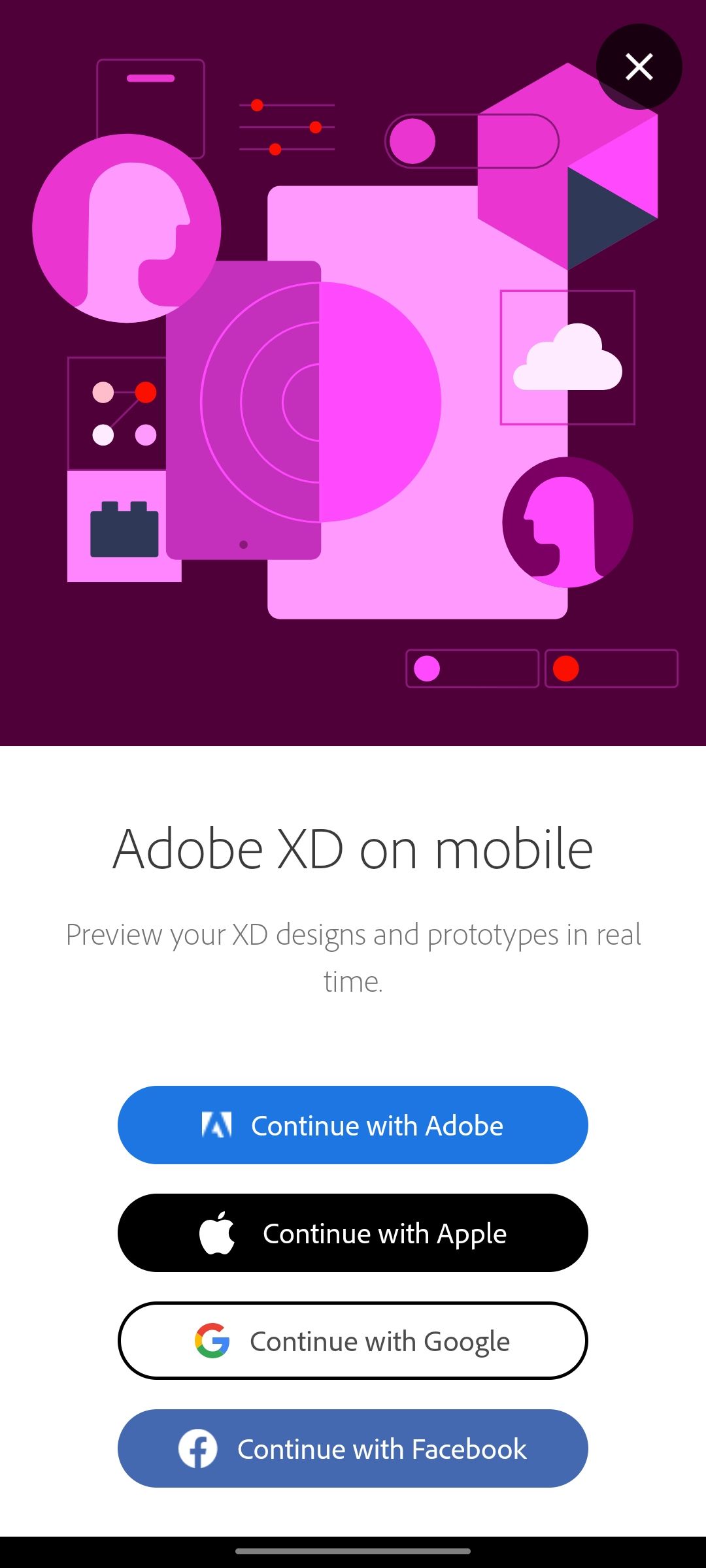 گزینه های ورود به برنامه تلفن همراه Adobe XD