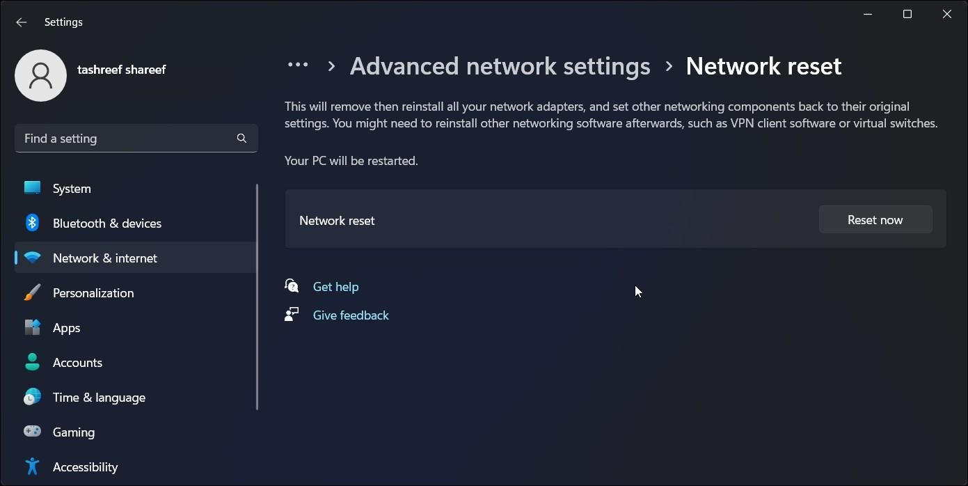 advanced network settings windows 11 network reset reset now