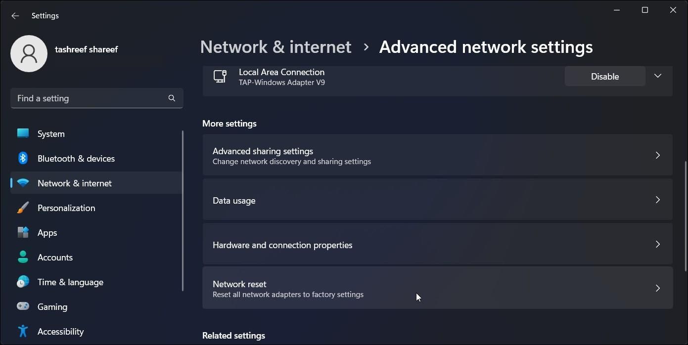 advanced network settings windows 11 network reset