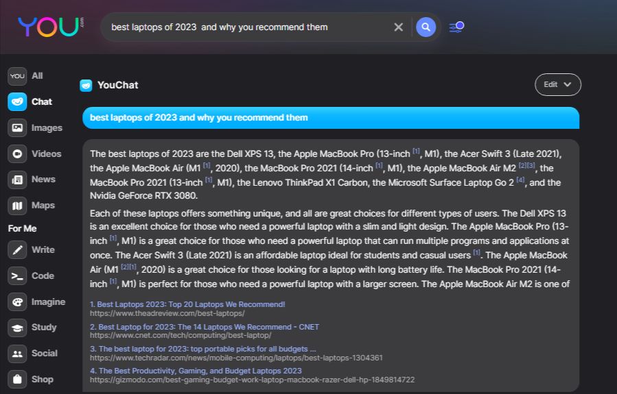 Un chatbot IA comme ChatGPT et un moteur de recherche réunis en un seul produit - YouChat