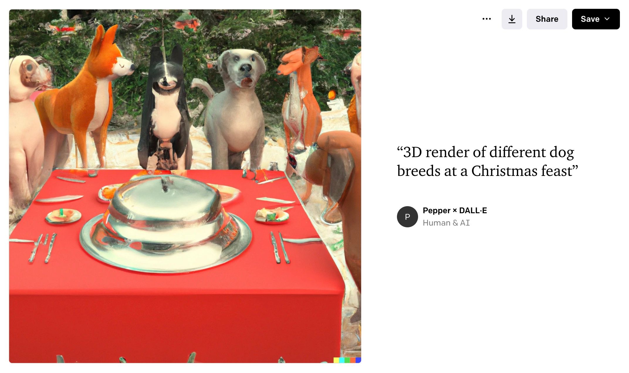 Screenshot of an image of dogs around a table created using Dall-E