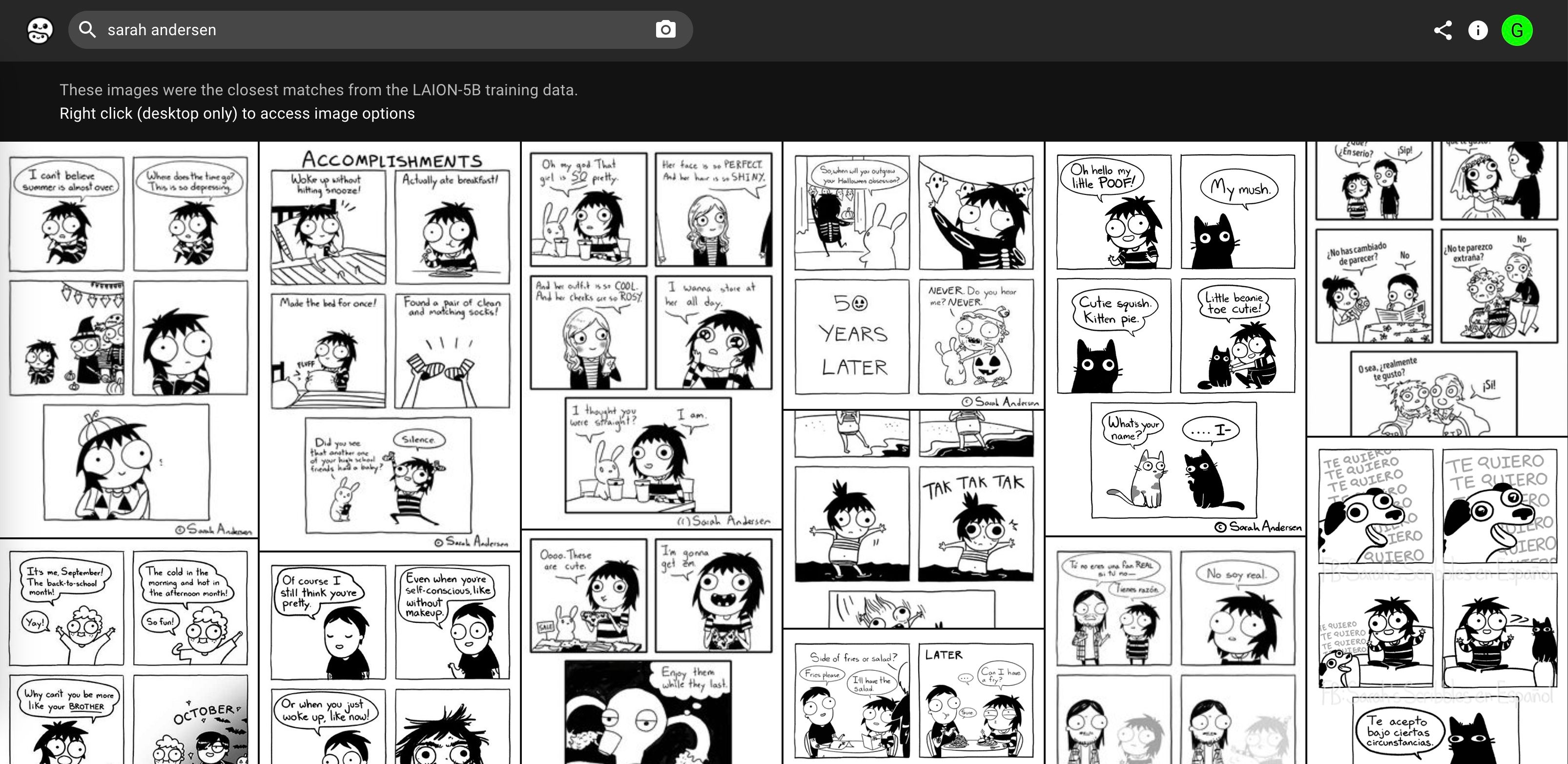 Results for the artist Sarah Andersen using the website Have I Beeen Trained