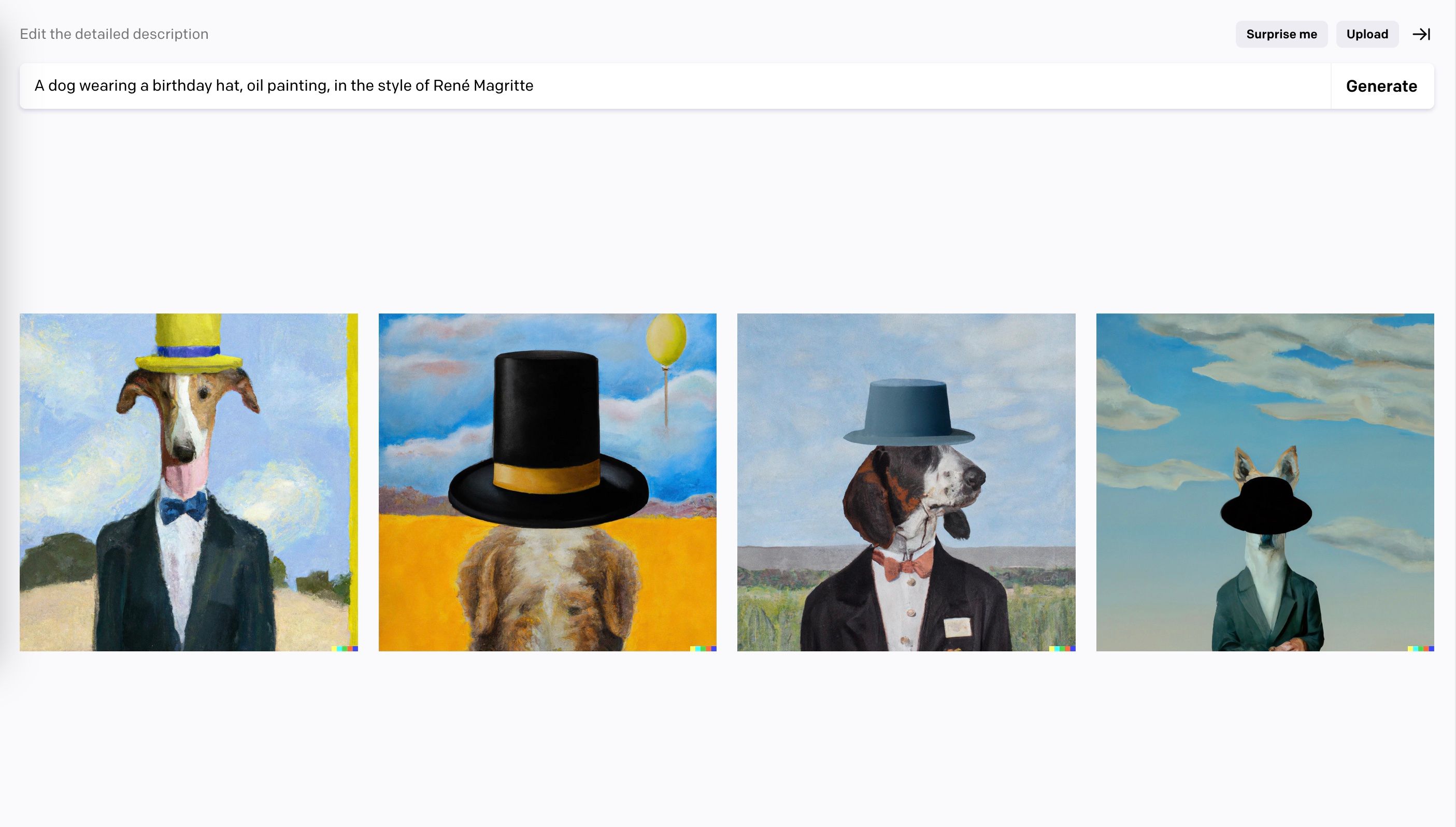 Quatre images d'un chien coiffé d'un chapeau à la manière d'Henri Magritte, générées avec DALL-E