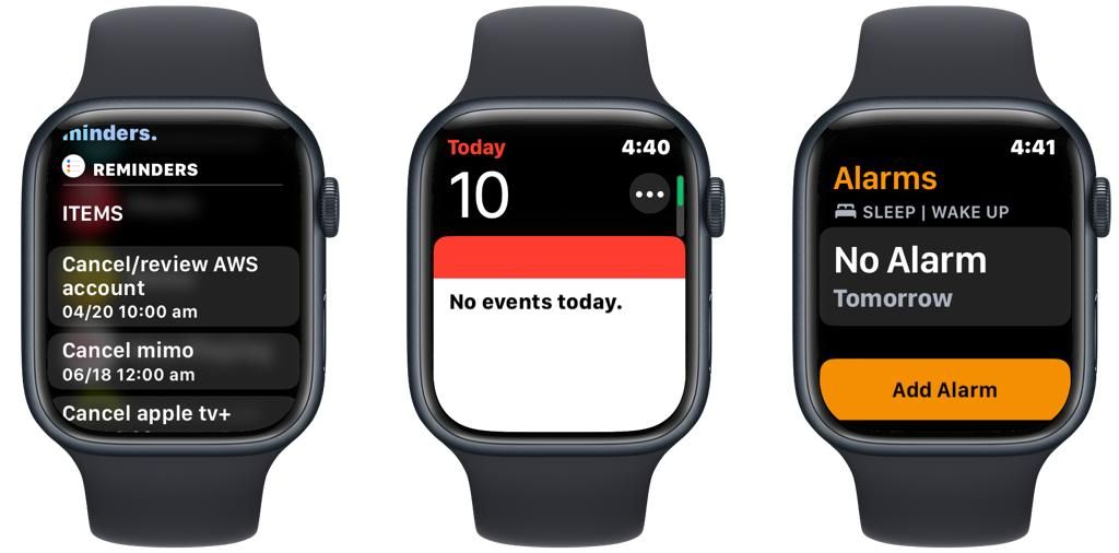 Apple Watch screenshots showing Reminders, Calendar, and Alarms apps