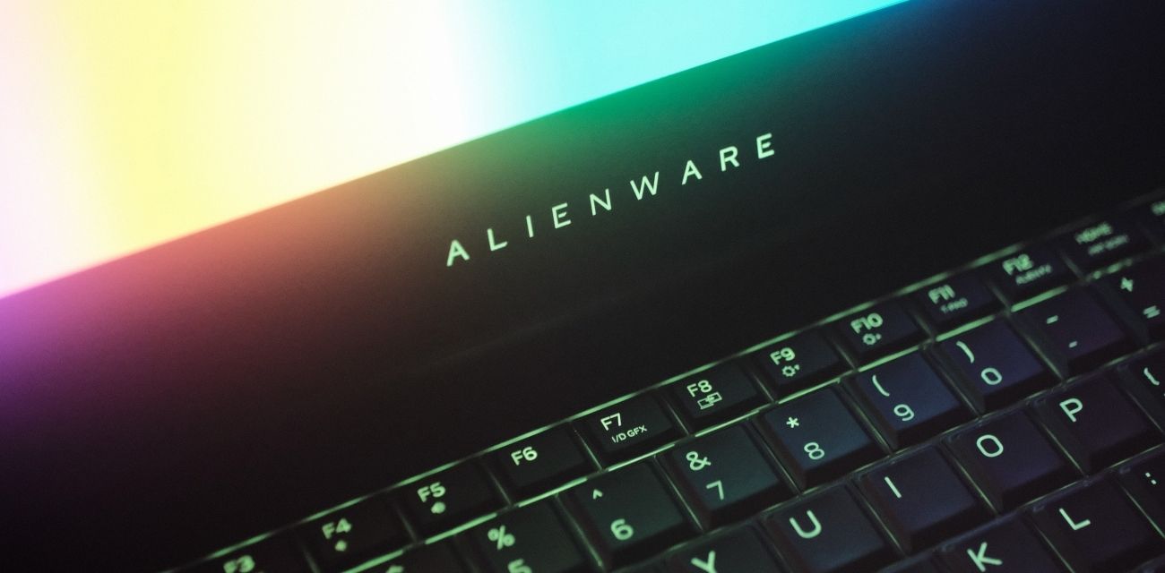 A photograph of an Alienware laptop screen and keyboard 