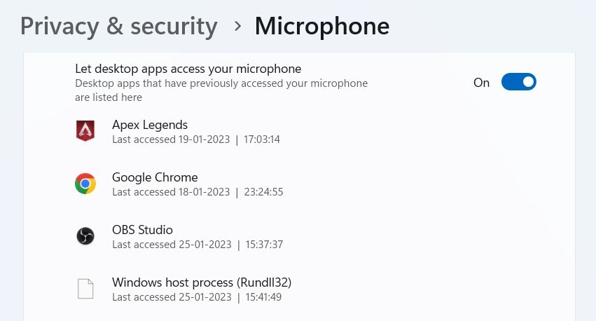 Allow desktop apps to access microphone option in the Settings app