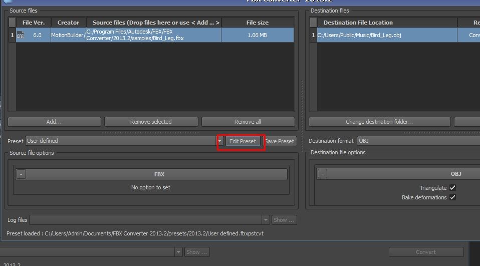 An option to edit presets in FBX converter