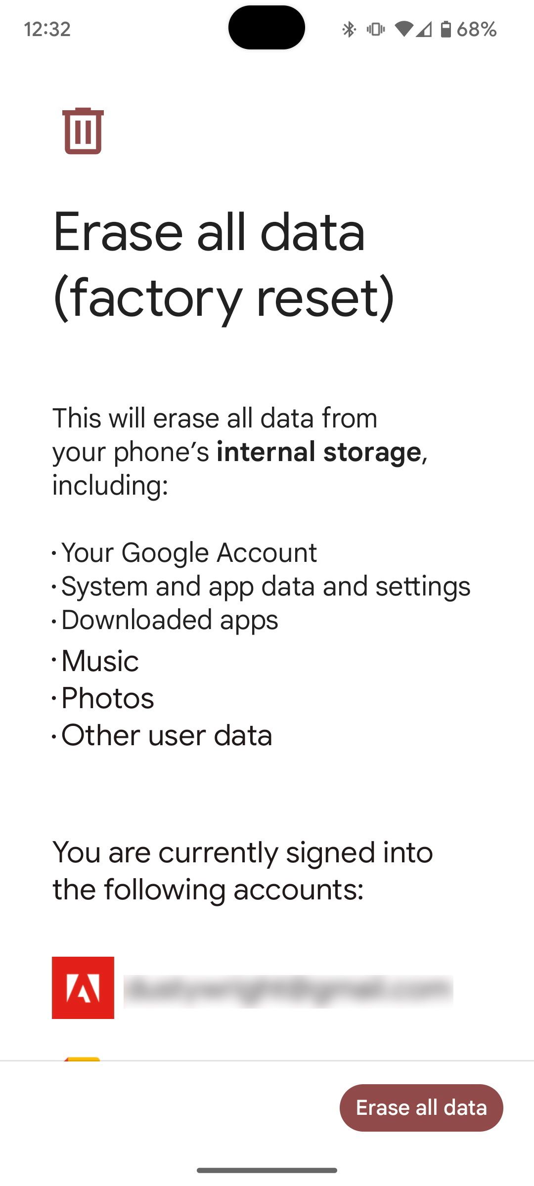 Warning stating that factory resetting will erase all data on phone