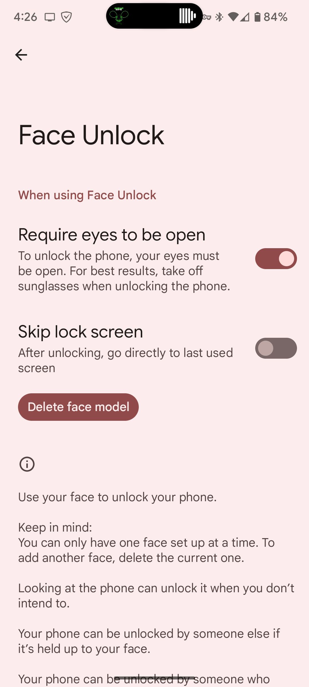 The face unlock page on Android