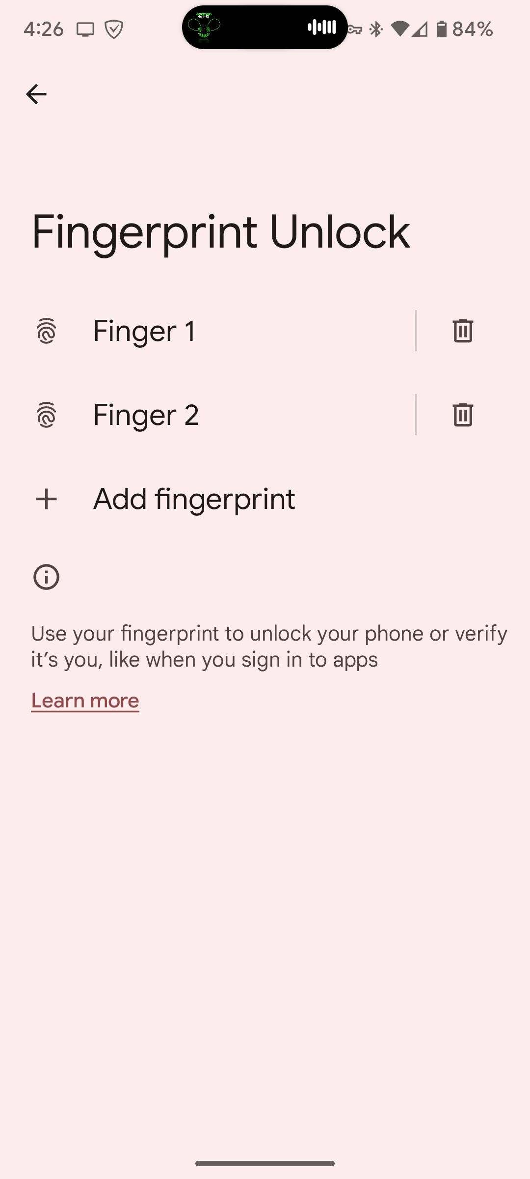 The fingerprint unlock page on Android