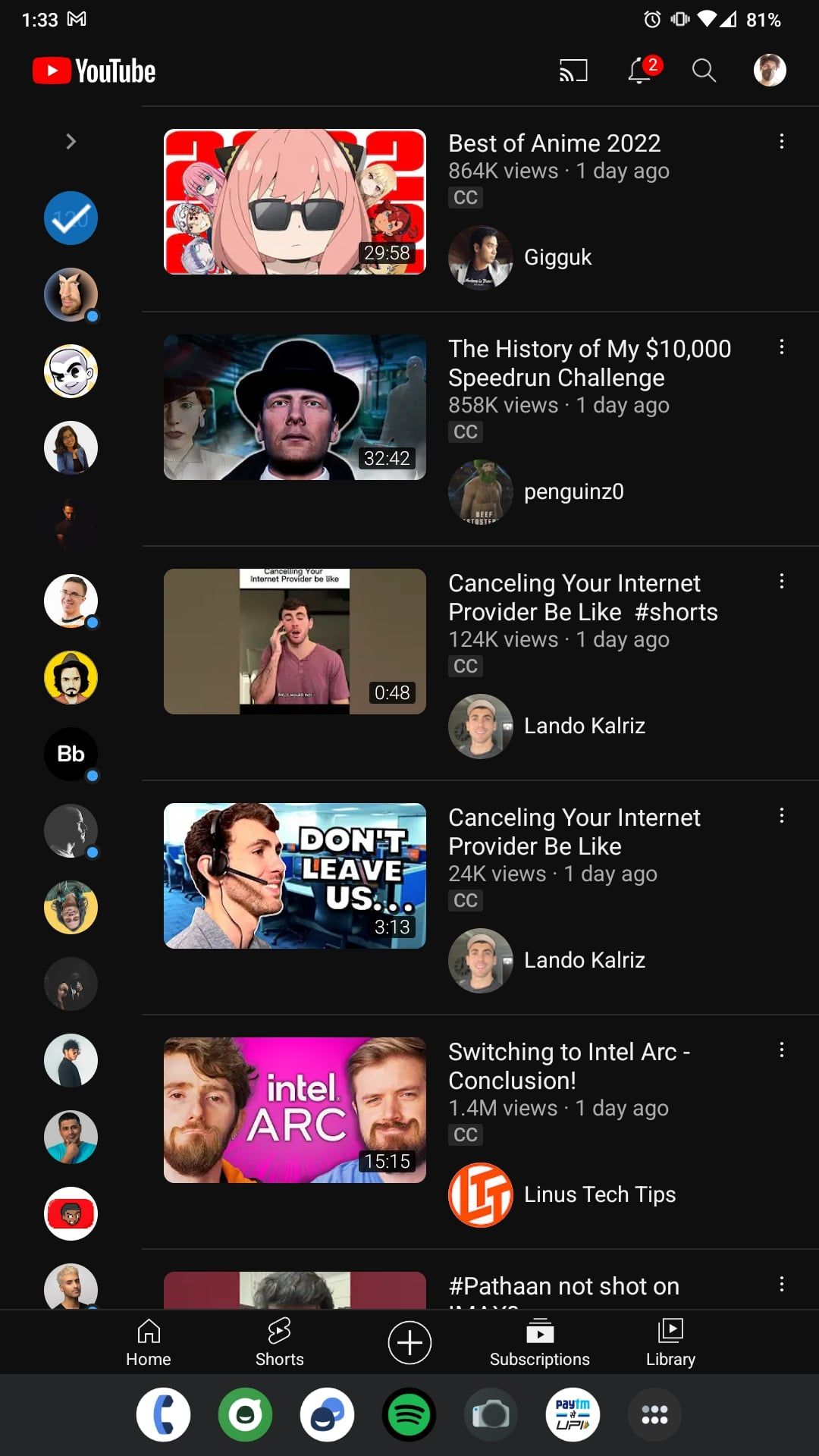 YouTube app with a tablet layout 