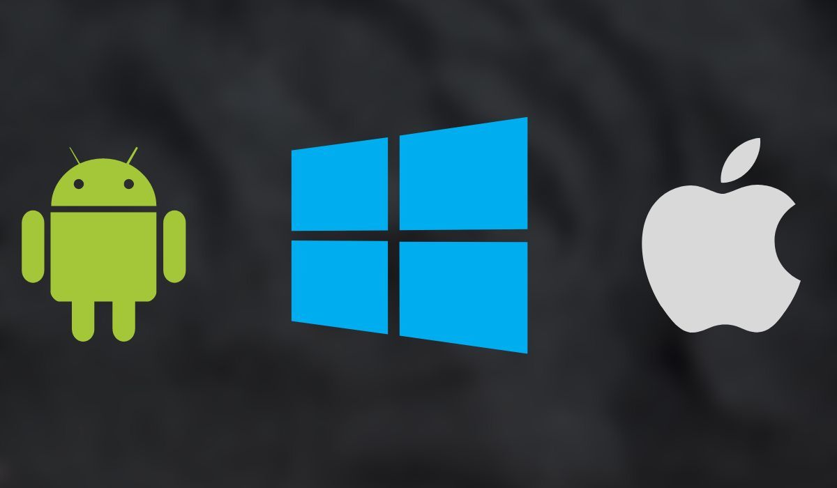Android, Windows, logotipos de Apple vistos en fondo negro