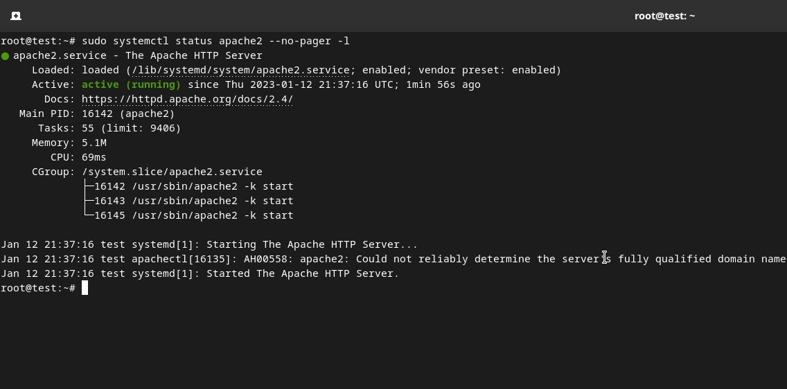 Affichage de l'état d'Apache sur le terminal Ubuntu
