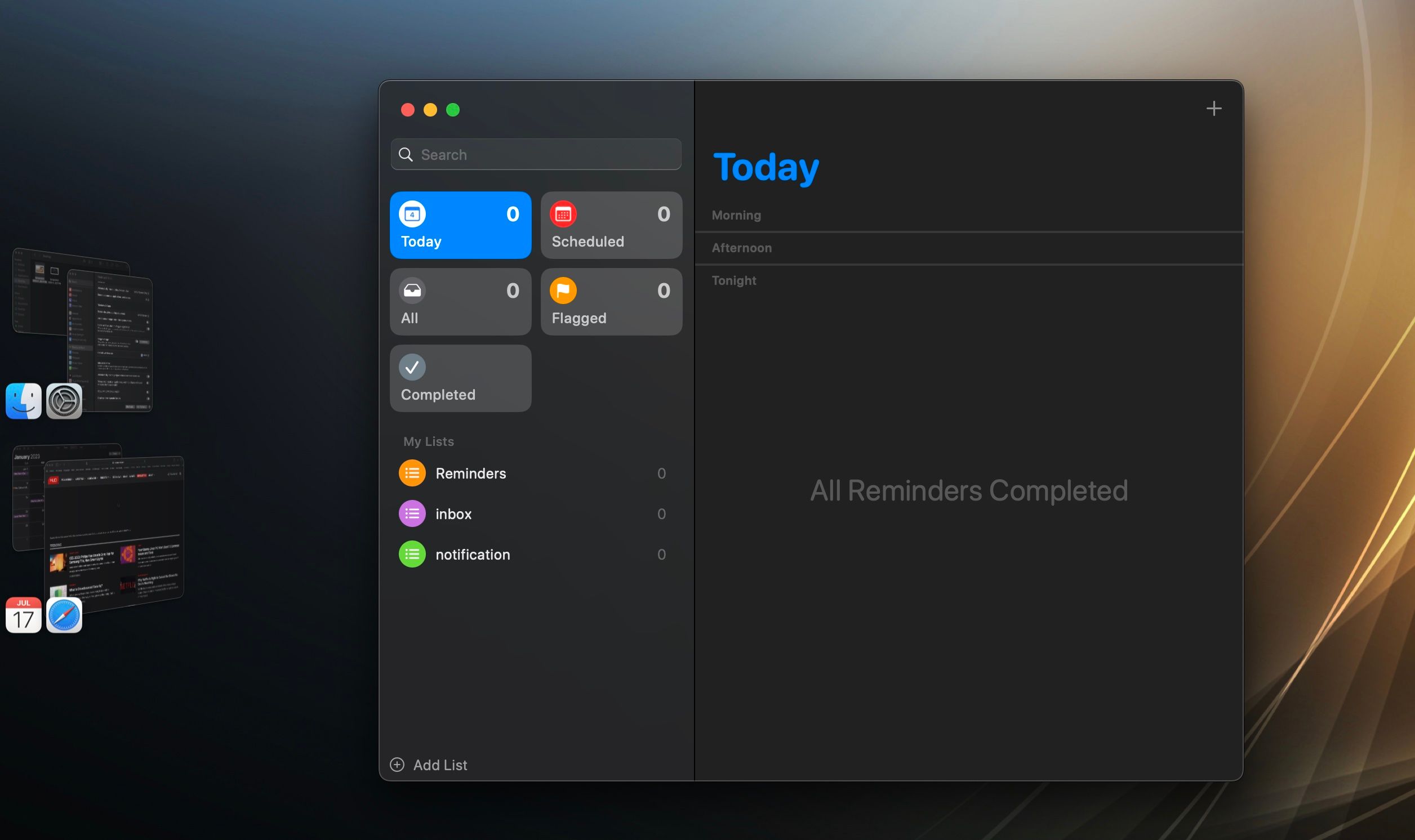 Reminders app open with app groups in Stage Manager