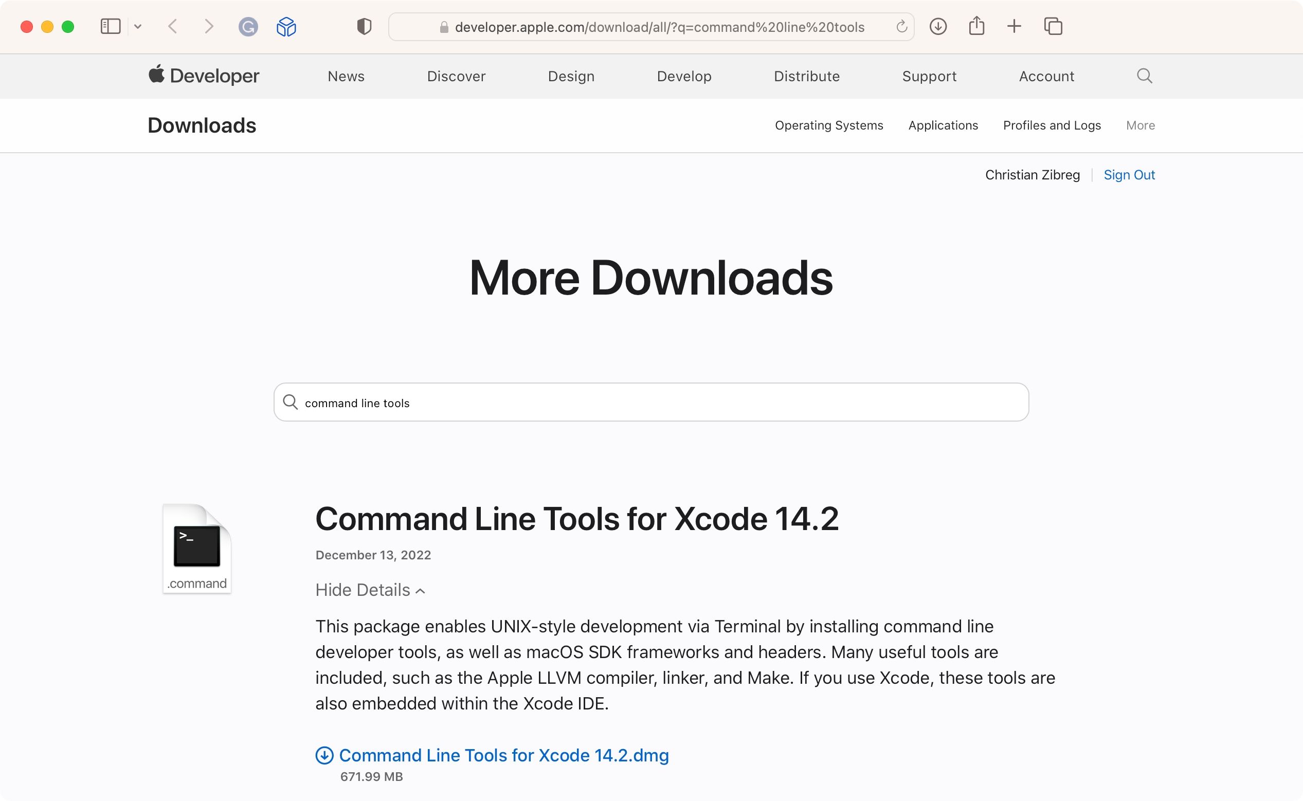 Downloading Apple's Xcode Command Line Tools using Safari