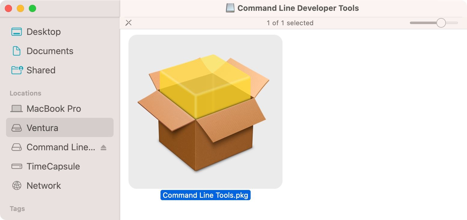 The Xcode Command Line Tools installer package in macOS Finder