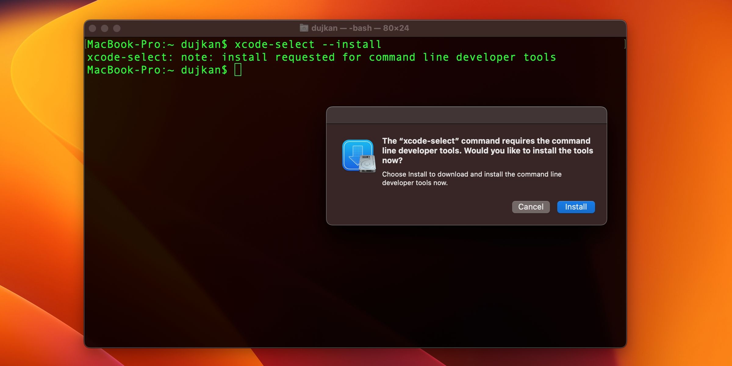 macOS Terminal prompt offering to download Xcode Command Line Tools