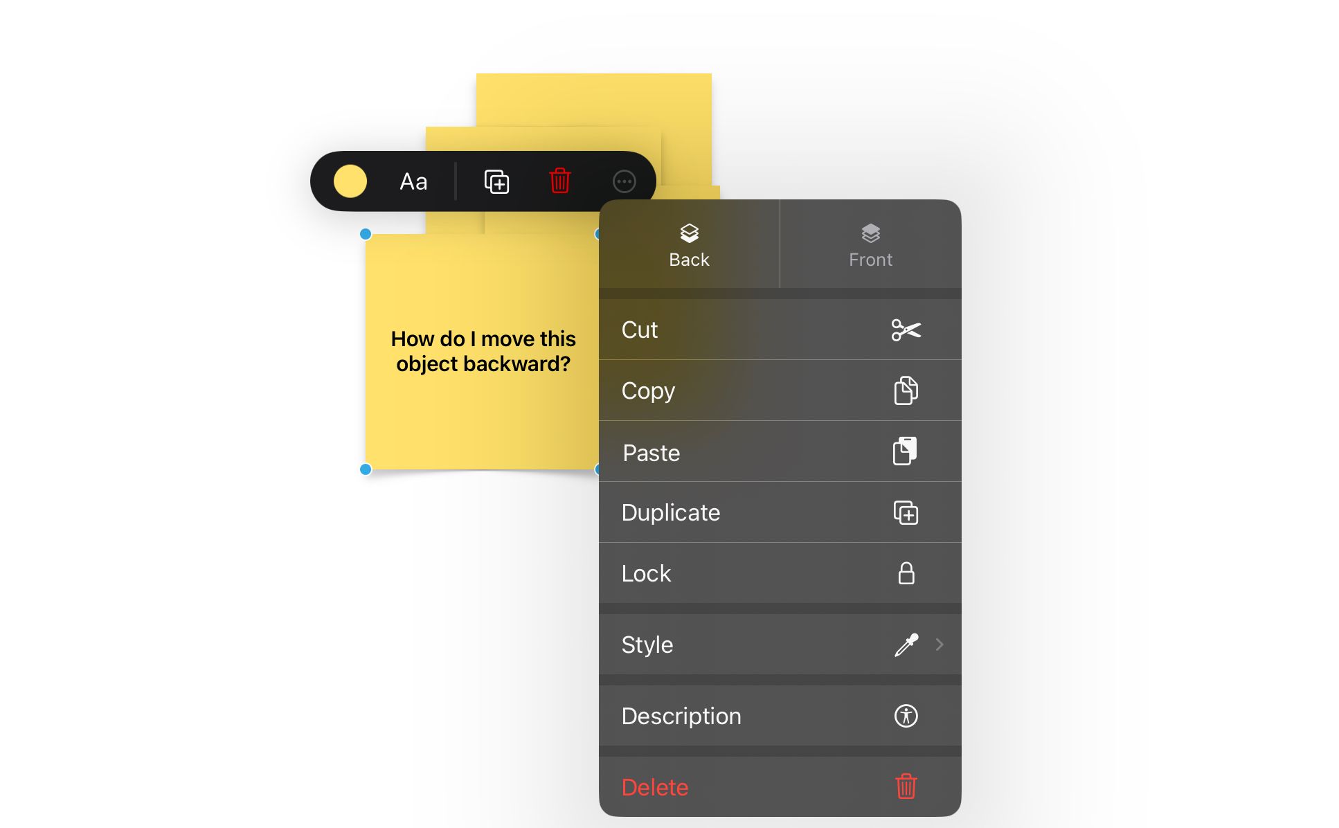 Screenshot of extra editing menus in the Freeform app.