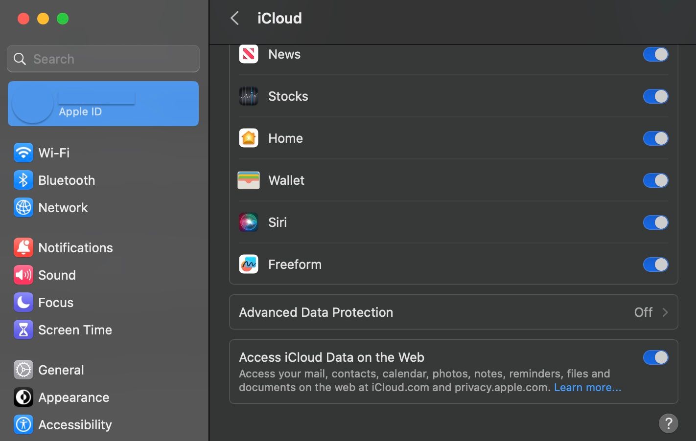 Screenshot of iCloud sync settings.