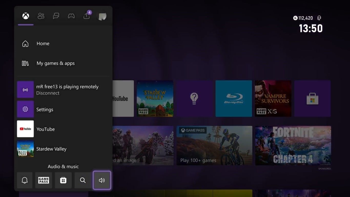 Une capture d'écran du menu Guide de la Xbox Series X avec Audio et Musique en surbrillance. 