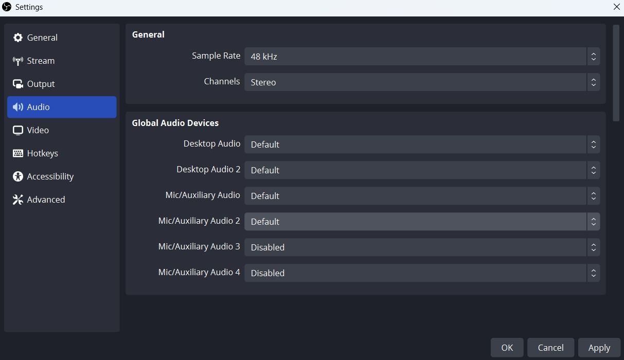 Audio settings of OBS Studio