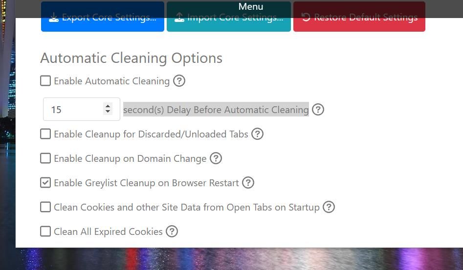 Automatic cleaning options in Cookie AutoDelete
