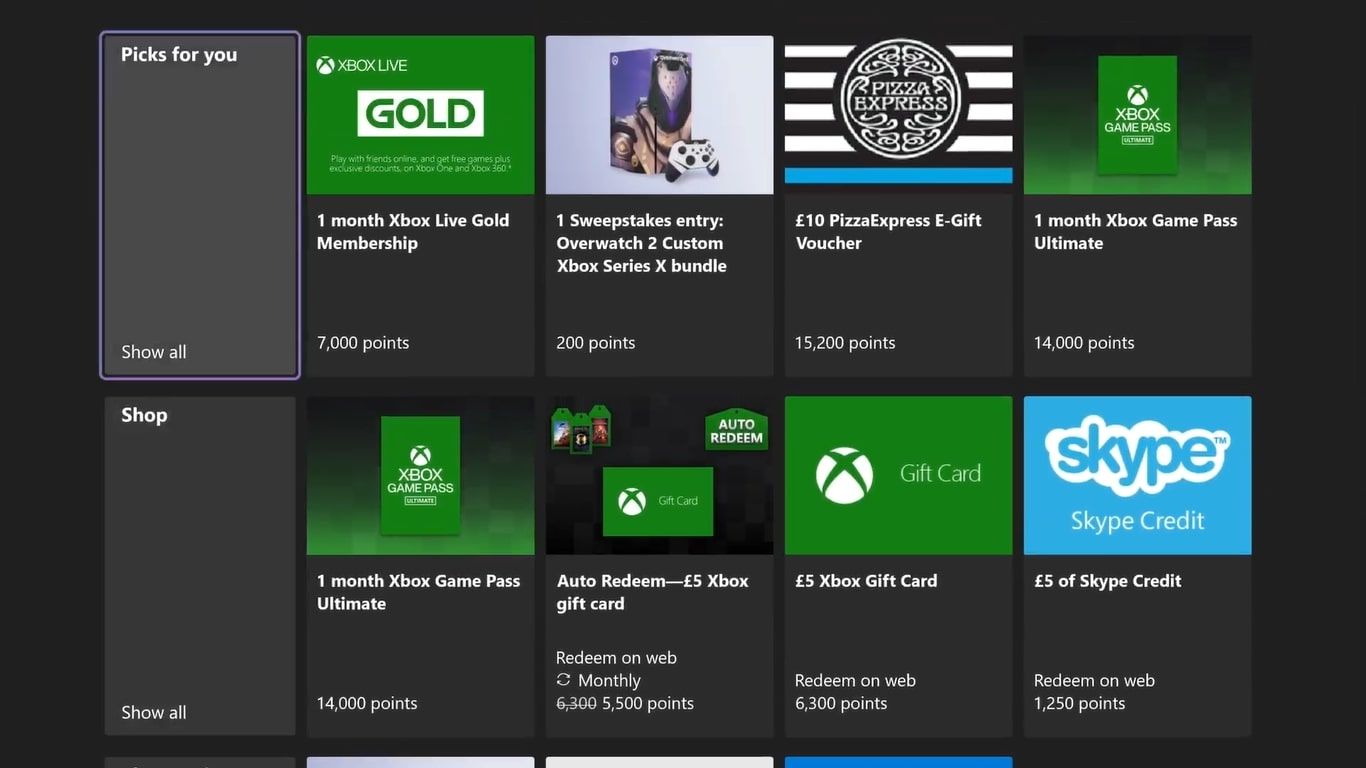 A screenshot of the Redeem page of the Microsoft Rewards app on Xbox running on an Xbox Series X