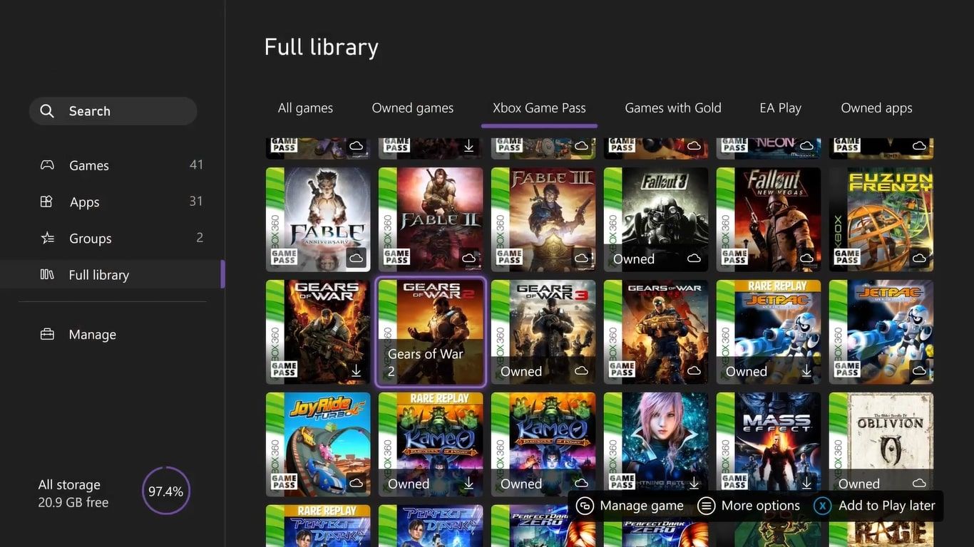 A screenshot of the library of backwards compatible games on Xbox Series X and Game Pass 