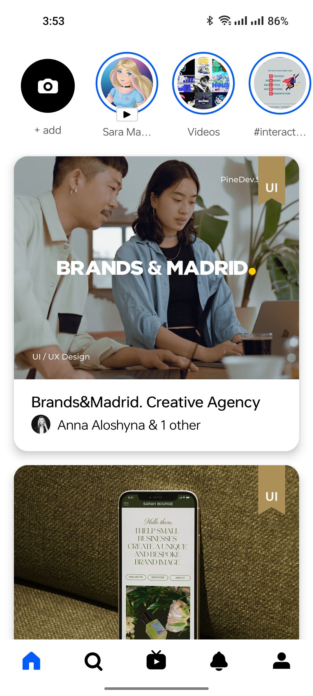 داشبورد Behance با پست‌ها و داستان‌ها