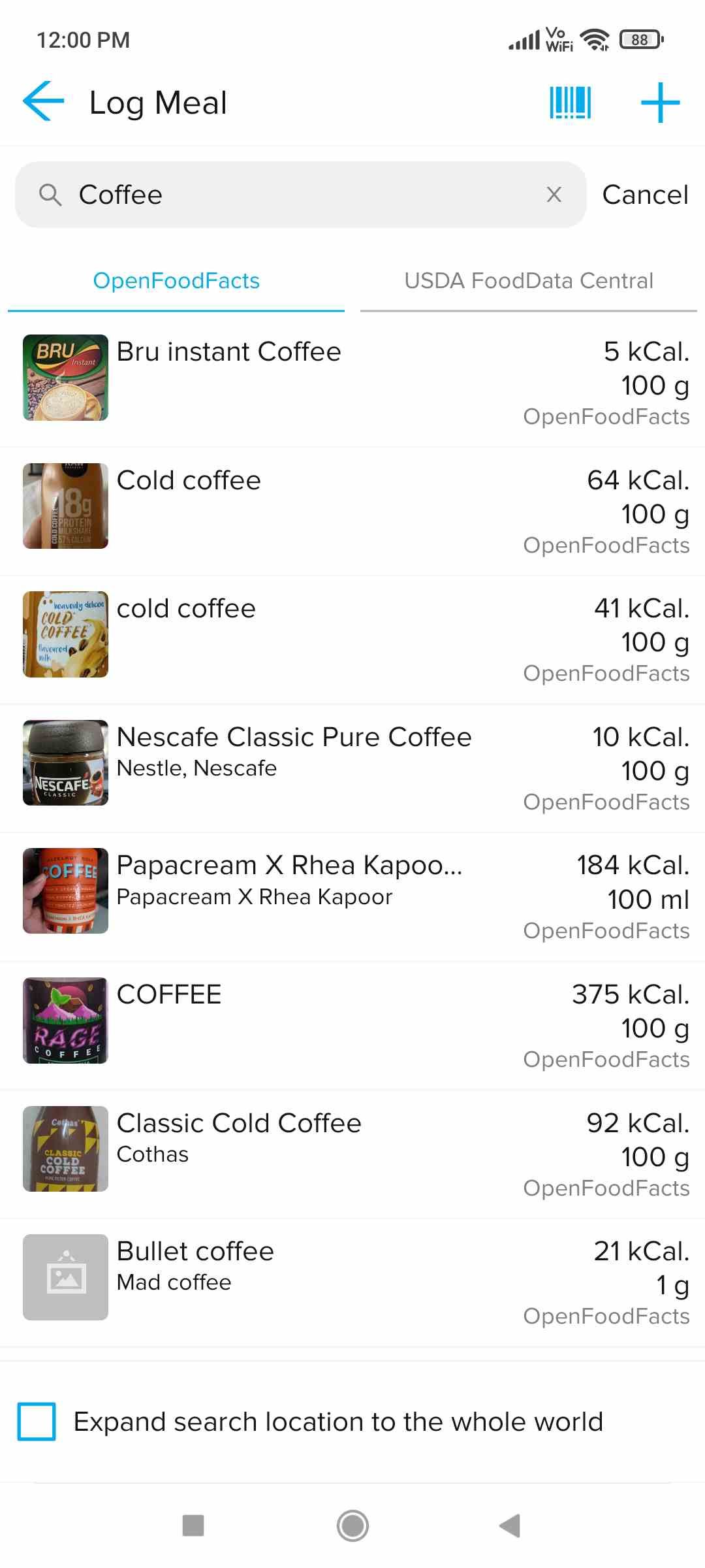 OmNom Notes lets you search the OpenFoodFacts and USFDA Food Database to add common food items quickly