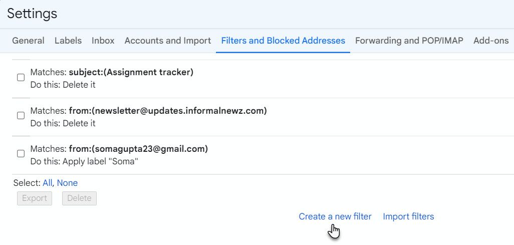 Create filter in Gmail to block emails from a domain