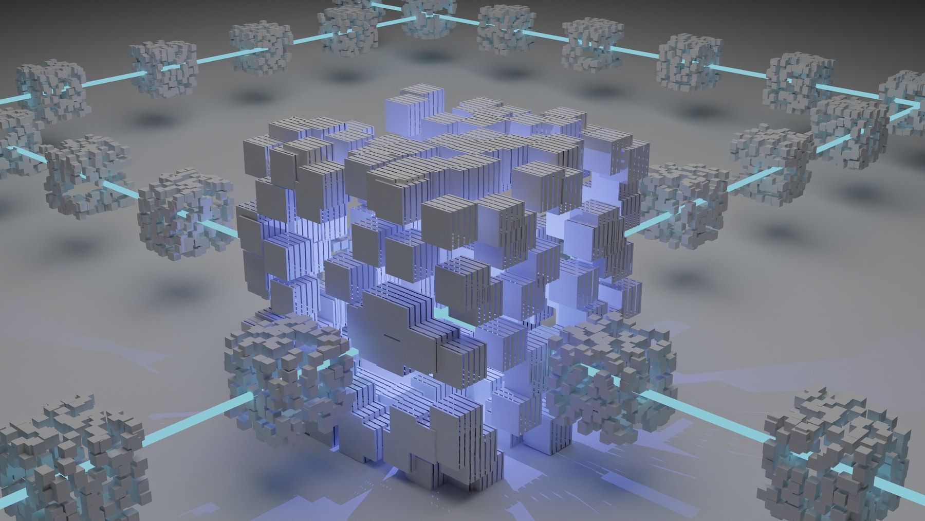 Grey blocks in a chain illustrating blockchain