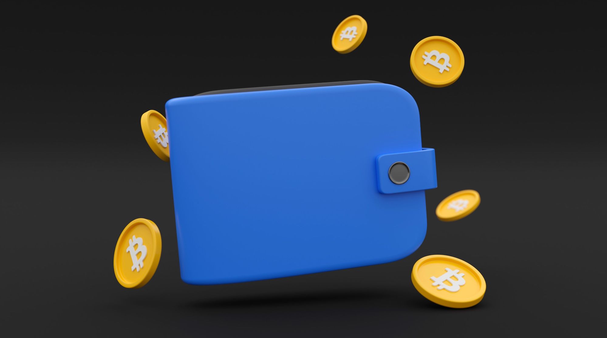 graphique d'un porte-monnaie bleu entouré de jetons bitcoin