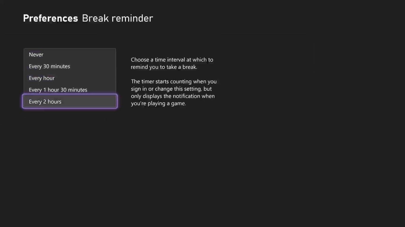 A screenshot of the Pause Reminder settings on Xbox Series X with the available time slots highlighted. 
