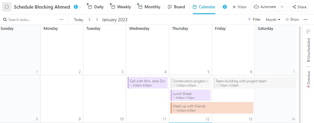 Calendar view Schedule Blocking